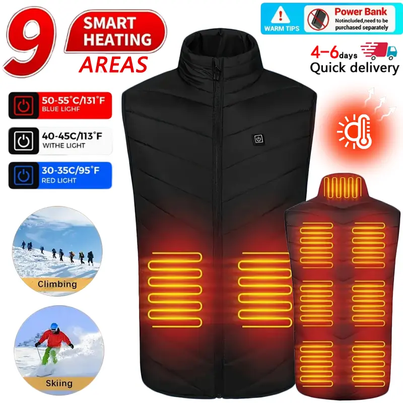 Men's 9-Heat Zone Smart Electric Heated V-Neck Vest - Black Zip-Up Plain Polyester Basics Casual Sleeveless Gilet, Dry Clean & Machine Washable Winter Warm Outerwear for Skiing, Commuting (Battery Pack Not Included)