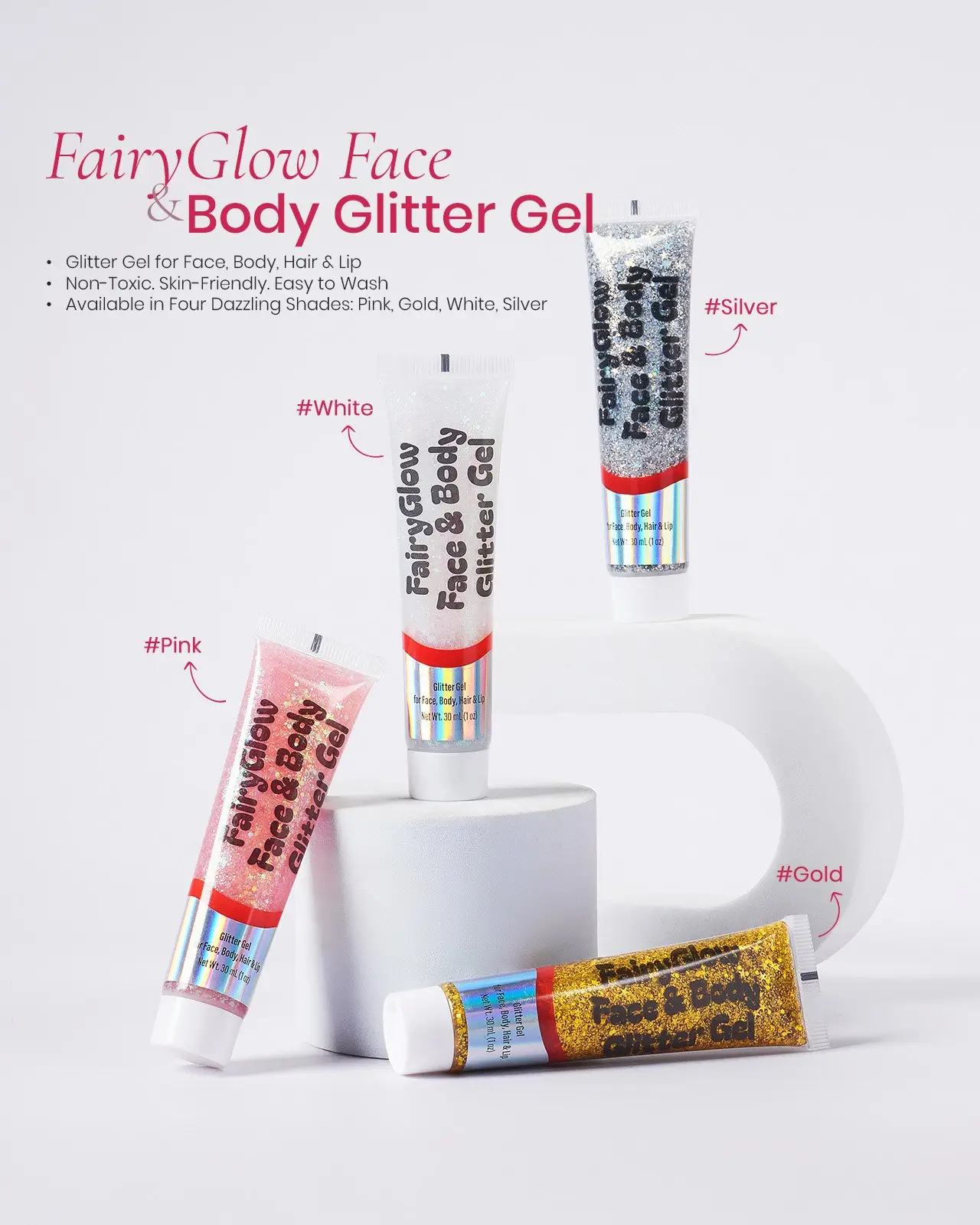[RUBY VIBE CO] FairyGlow Face & Body Glitter Gel - Multi-Use Cosmetic Glitter for Face Body Hair & Lip Non-Toxic Skin-Friendly in Pink Gold White Silver