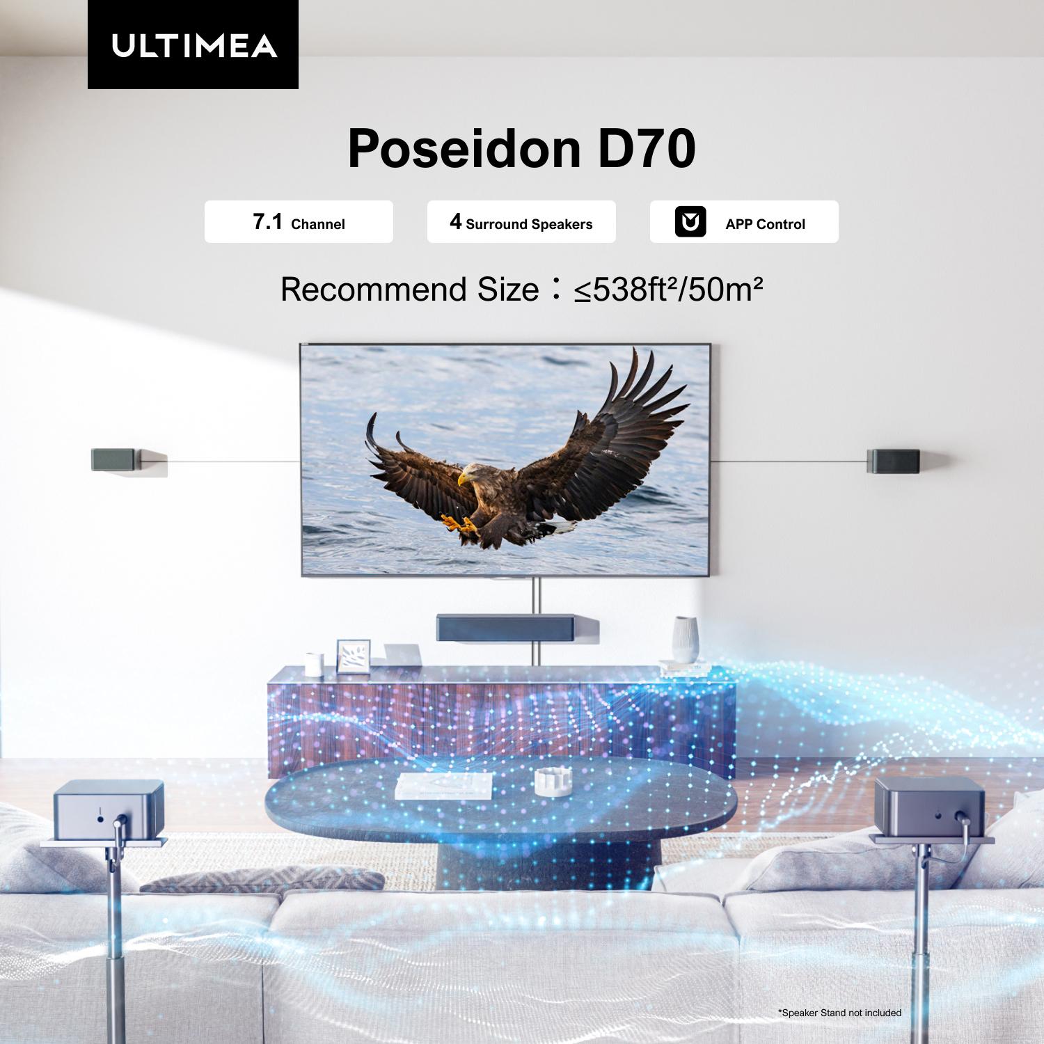 ULTIMEA Poseidon D70 7.1ch Soundbar with Wireless 6.5" Subwoofer, Surround Sound System for TV, App Control, 410W Peak Power, Soundbar for TV, Movie, Music, 4 Wired Surround Speakers, Bassx, Home Theater Sound System, Bluetooth, HDMI, AUX, APP Control