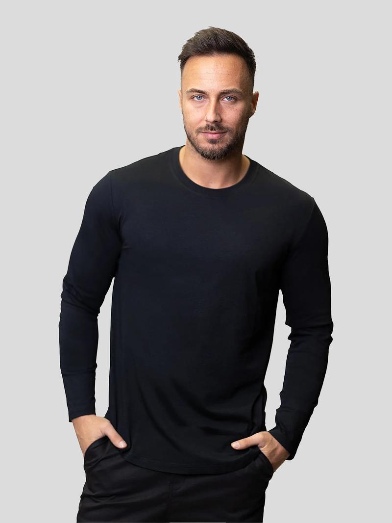 Fioboc Men's StaySmooth Long Sleeve Curve Hem Tee - Classic Fit Streetwear Casual Crewneck Basic Top