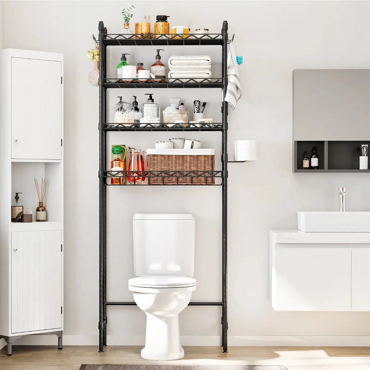 4-Tier Carbon Steel Over-Toilet Rack Bathroom Organizer, Heavy-Duty Rust-Resistant Scratch-Resistant Adjustable Shelves with Hooks, 25.39"d x 9.45"w x 67.32"h Space Saver for Bathroom, Laundry Room, 4-Layer