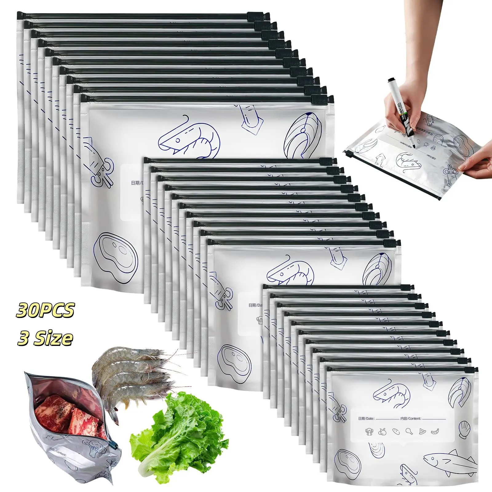 30PCS Reusable Aluminum Foil Food Storage Bags - 2026 New Airtight Resealable Vacuum Zipper Pouches, Heavy-Duty Thick Stand-Up Bags with Labels for Kitchen Vegetables (3 Sizes)
