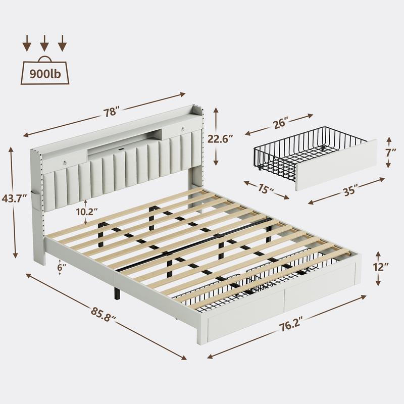 TryLazy Upholstered Flatform Bed Frame with 4 Storage Drawers No MATTRESS Queen Size Wood Slats Holds 900lbs No Noise Rivet Design USB Socket White