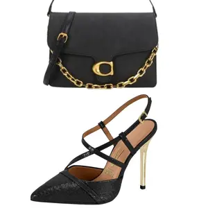 2PC Vizzano Strappy Slingback Stiletto Heels Pointed Toe Snake Embossed Women's Cross Strap Gold Tone Dress Shoes