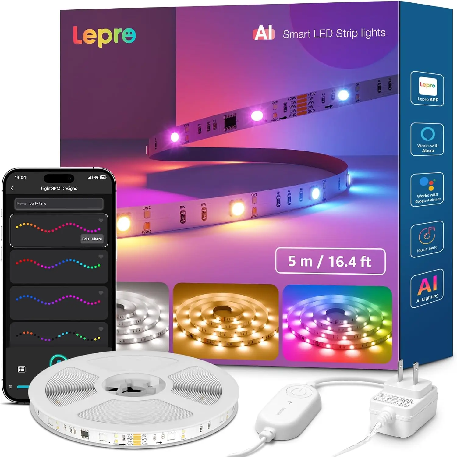 LEPRO RGBCW AI Smart LED Strip Lights - 16.4ft, 2700K-5700K Tunable Warm White, Color Segment DIY, Personalized AI Lighting Designer, APP Control (No Remote), 2.4G Wi-Fi & Bluetooth, Rgbicw Led Strip