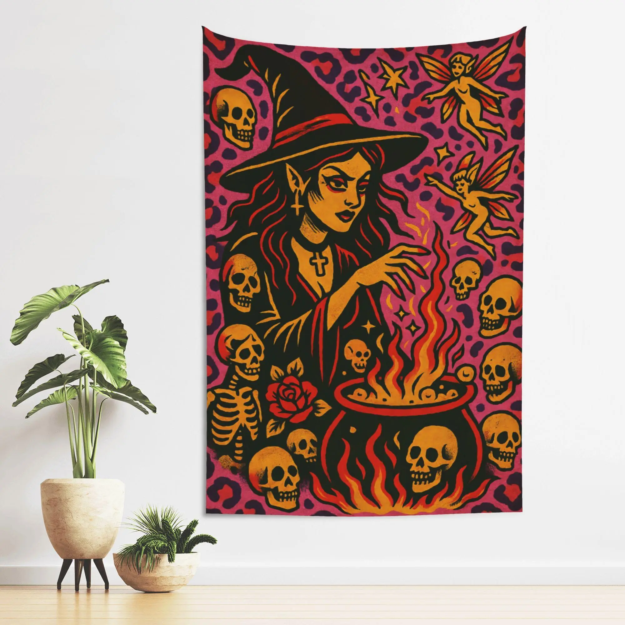Pink Leopard Witch Cauldron Skull Tapestry, Spooky Fairy Magic Wall Hanging, Dark Witchy Aesthetic Bedroom Wall Decor