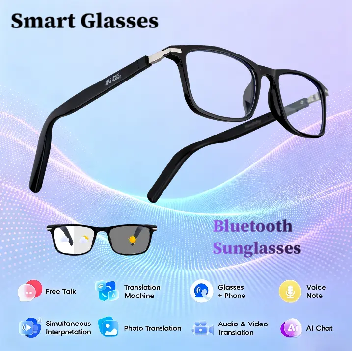Wearable AI Smart Glasses with Stainless Steel Components - Photochromic AI Translation Bluetooth Sunglasses, HD Voice Calls, HIFI Music, Hands-Free/Touch Sensor Control, Free App, IP65 Waterproof, Ideal for Riding/Driving, Daily Use, Birthday Gift