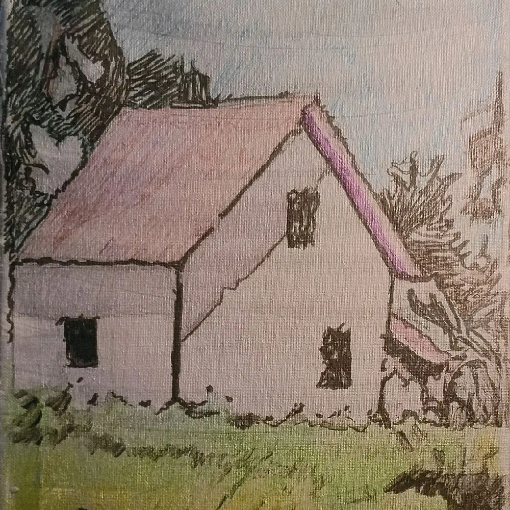 Original Old Nebraska Country Church Barn with Trees GG Colored Pencil & Art Pen Canvas 11" x 14"