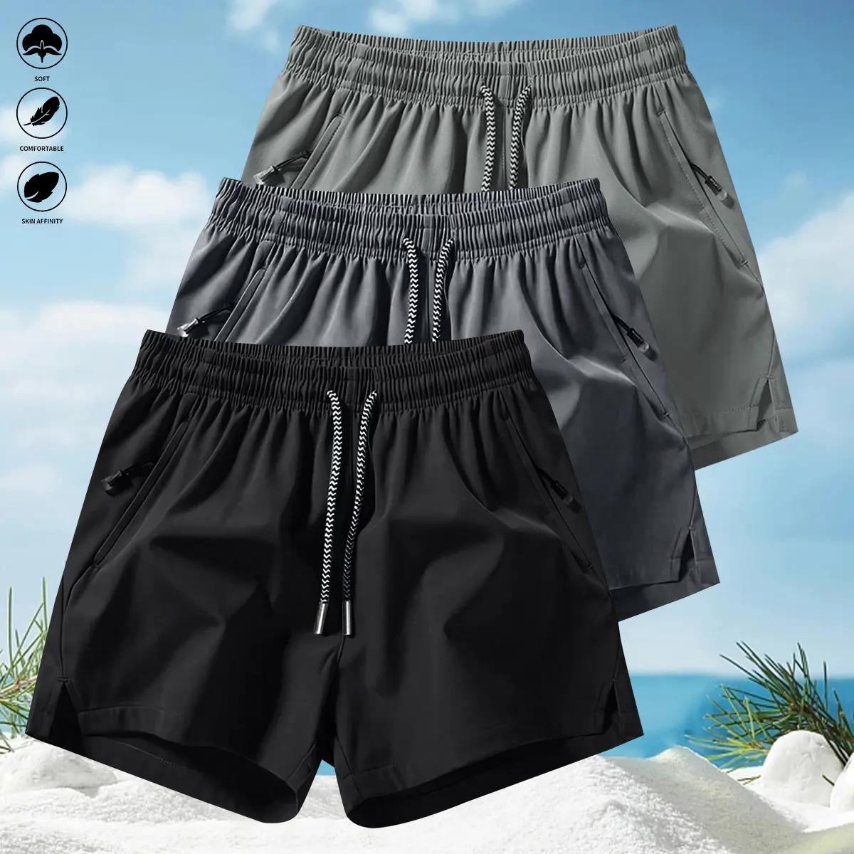 Men's 3-Pack Solid-Color Athletic Shorts - Athletic Bottoms with Slim-Fitting Ice Silk Design, Drawstring Waist, Pockets, Lightweight Quick-Dry for Outdoor Activities, Men's Shorts, Active, Beach Style Men's Shorts