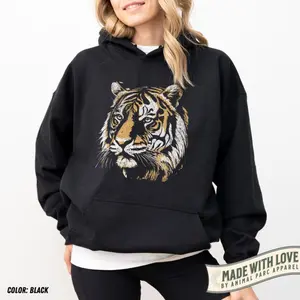 Women's Vintage Tiger Hoodie Graphic Hoodie - Cotton Blend Black Long Sleeve Pullover Regular Fit |   Soft & Breathable Fabric, Durable Print, Everyday Comfort, Machine Washable, vintage retro streetwear casual wear
