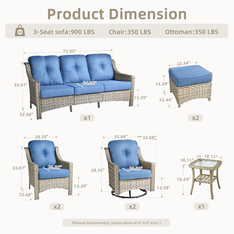 Outdoor Wicker Patio Furniture Set 8-PCS with A 3-Seat Sofa, 2 Swivel Rocking Chairs, 2 Armchairs, 2 Ottomans and 1 Side Table Patio Conversation Set for Comfortable Outdoor Space