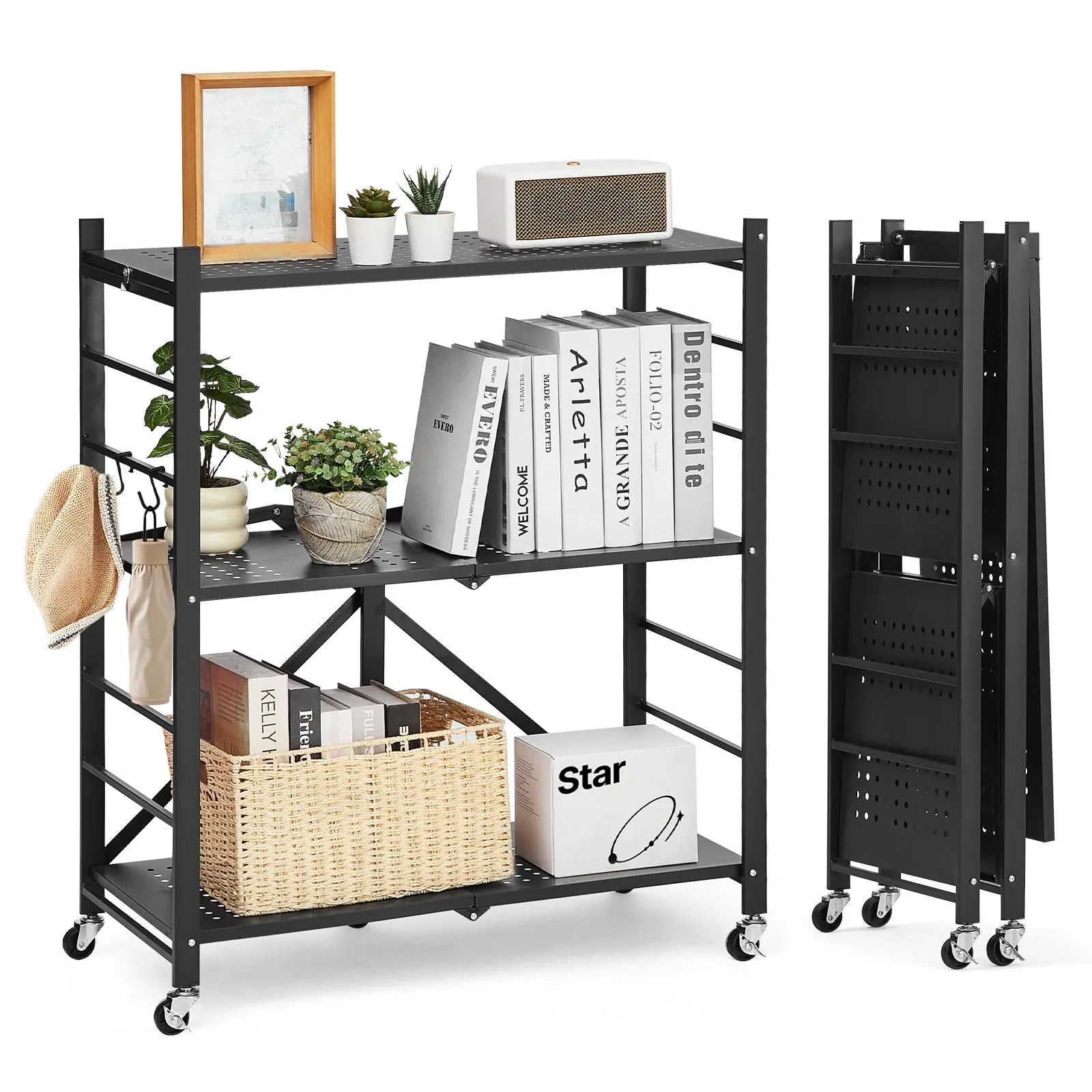 【Summerfinds】VEVOR 3-Tier Foldable Carbon Steel Utility Organiser - 30W x 13D x 36H in, No-Assembly Space-Saving Floor-Standing Storage System Shelf with 5 360° Smooth Roll Wheels, 4 Hooks for Garage, Kitchen Organization, Black