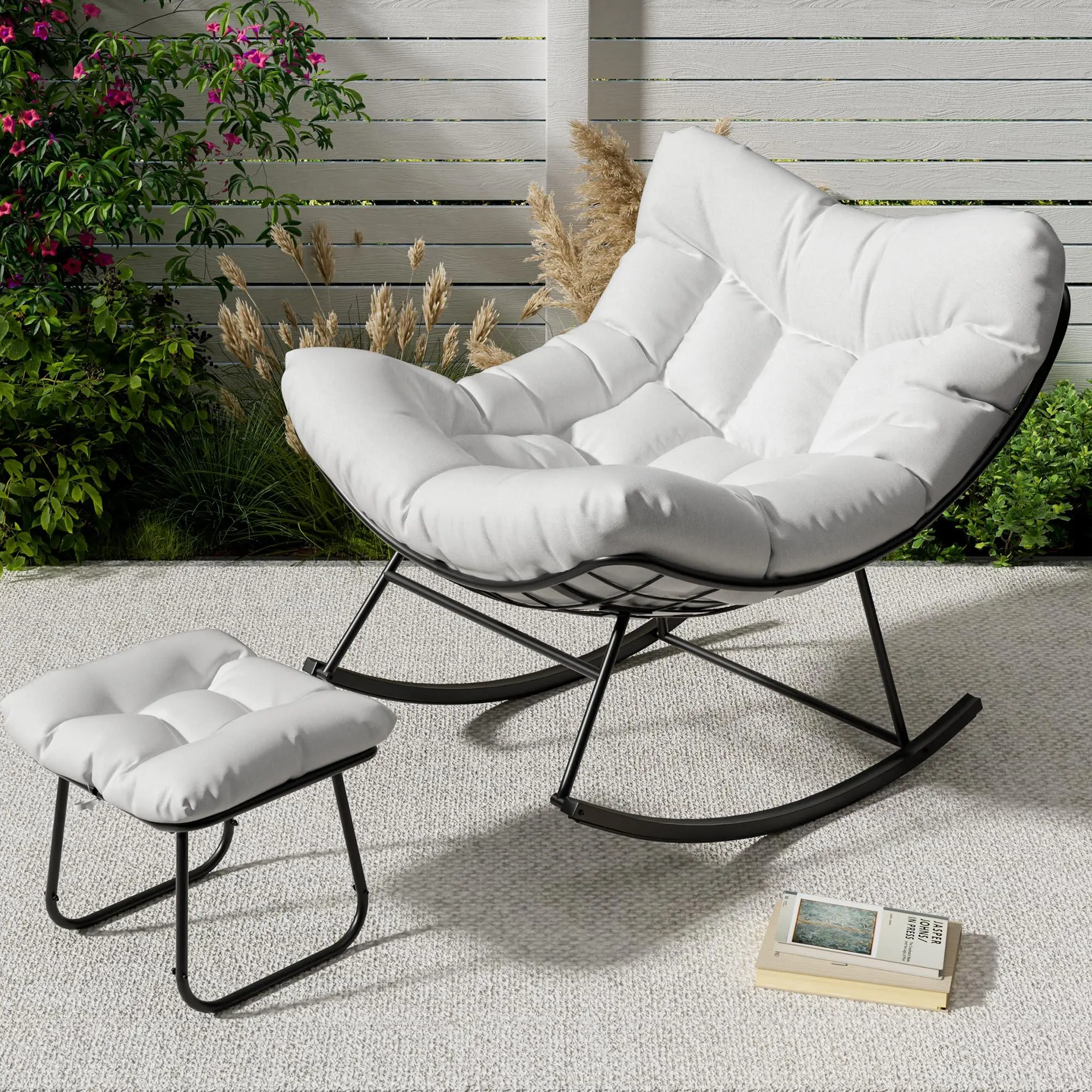 Oversized Papasan Rocking Chair with Footrest, Outdoor Lounge Chair ...