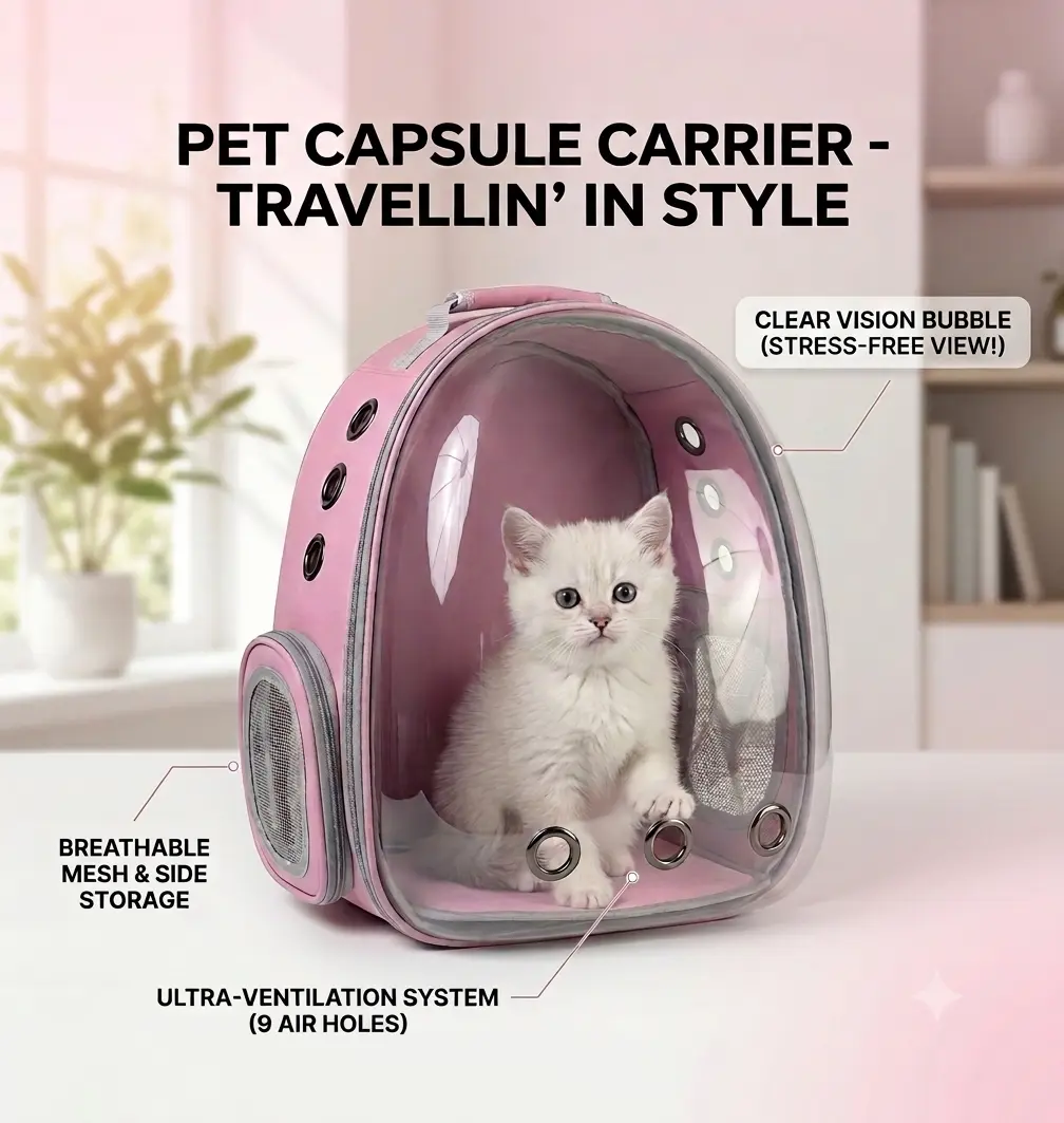 Cat & Small Pet Backpack Carrier, Breathable Transparent Plastic Bubble Design, 16x12x9in, Fabric Mesh Pocket, Zipper Closure, Adjustable Straps, Hands-free Travel Friendly, Ideal for Outdoor Adventures, Hikes & Errands Animal Carrier