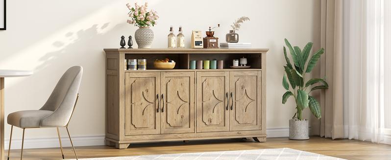 【Valentine's Day Gift】ONBRILL 60 Inches Sideboard Buffet Cabinet with Storage, Large Credenza with 4 Carved Doors, Open Storage Shelf, Adjustable Shelves, Coffee Bar Cabinet for Kitchen, Living Room