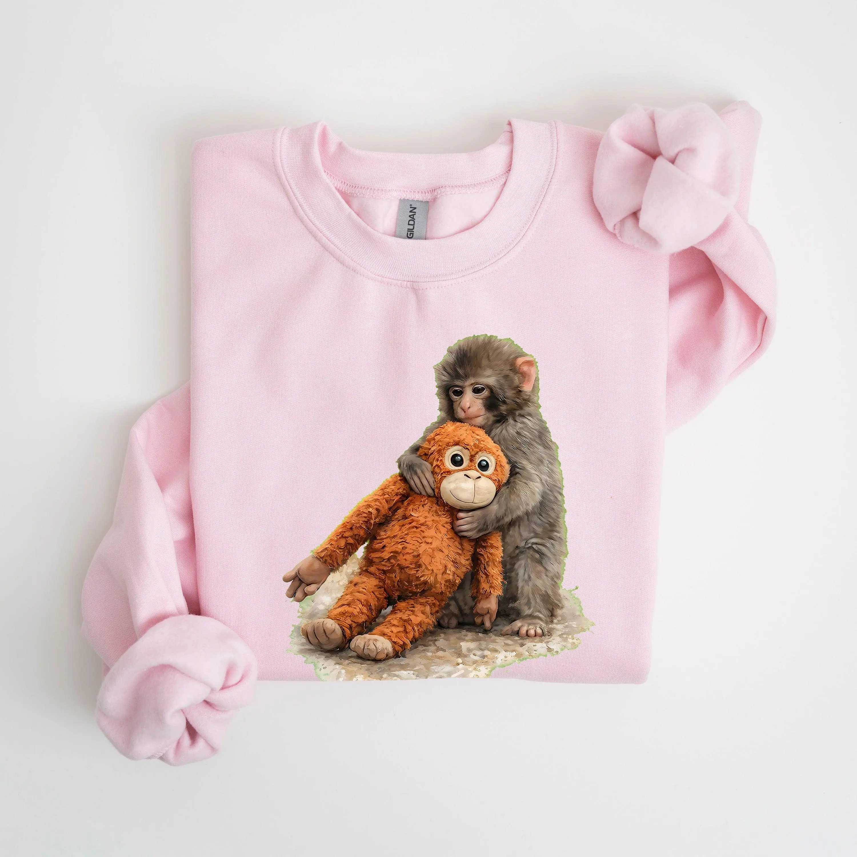 Viral Baby Monkey & Stuffed Orangutan Sweatshirt | Hang In There Crewneck | Ichikawa Zoo Macaque | Gildan 18000