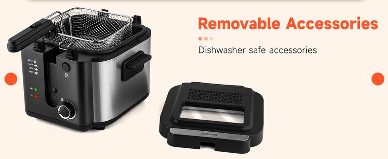 SUSTEAS 2.6 QT Deep Fryer 1500W with Temperature Control, Removable Lid, Non-Stick Inner Pot, and Easy to Clean Design Cooker