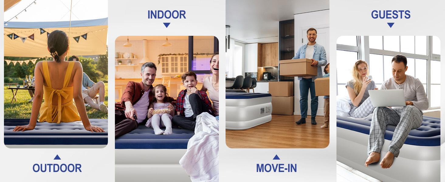 18 Inch Single Inflatable Mattress with Built-in Pump, Elevated Comfort Air Mattress, Dual Chamber Airbed, 2 Minute Fast Inflate/Deflate Air Mattress for Family Guest Camping, Blue&White