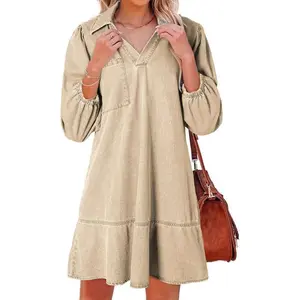 Women's Fashion Denim Dress for Fall Casual Babydoll Style V Neck 3/4 Puff Sleeve Jean Dresses in Beige Minimali The size is too large, it is recommended to buy a size smallerign Fit Womenswear
