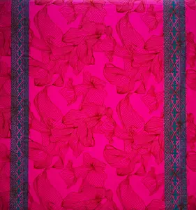 Lily with Tapa Double Border Cotton Light Barkcloth Fabric | Islands Fabric