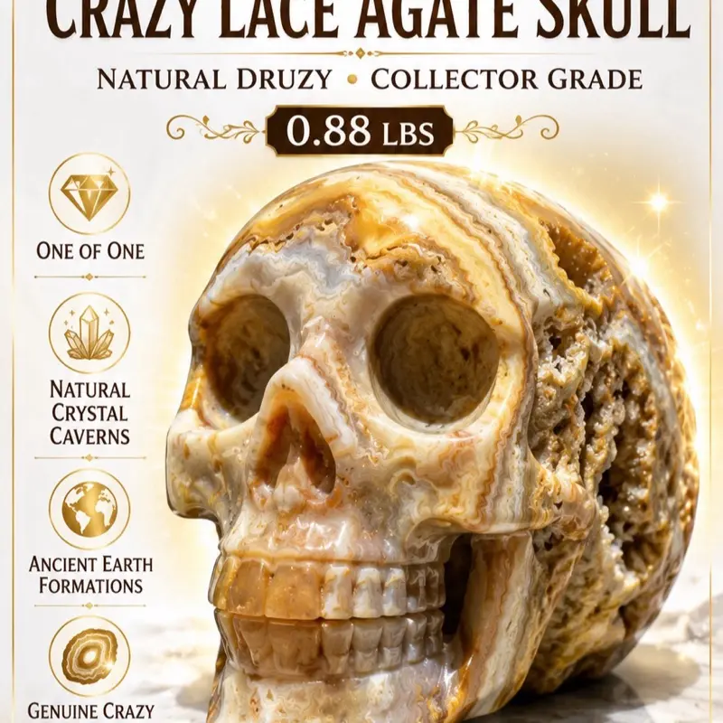 Lela’s GemStoneZ Luxury Ancient Wisdom Crazy Lace Agate Guardian Skull, 0.88 lbs (399g) Weight healing stones Spooky Clear flower crystal crystals