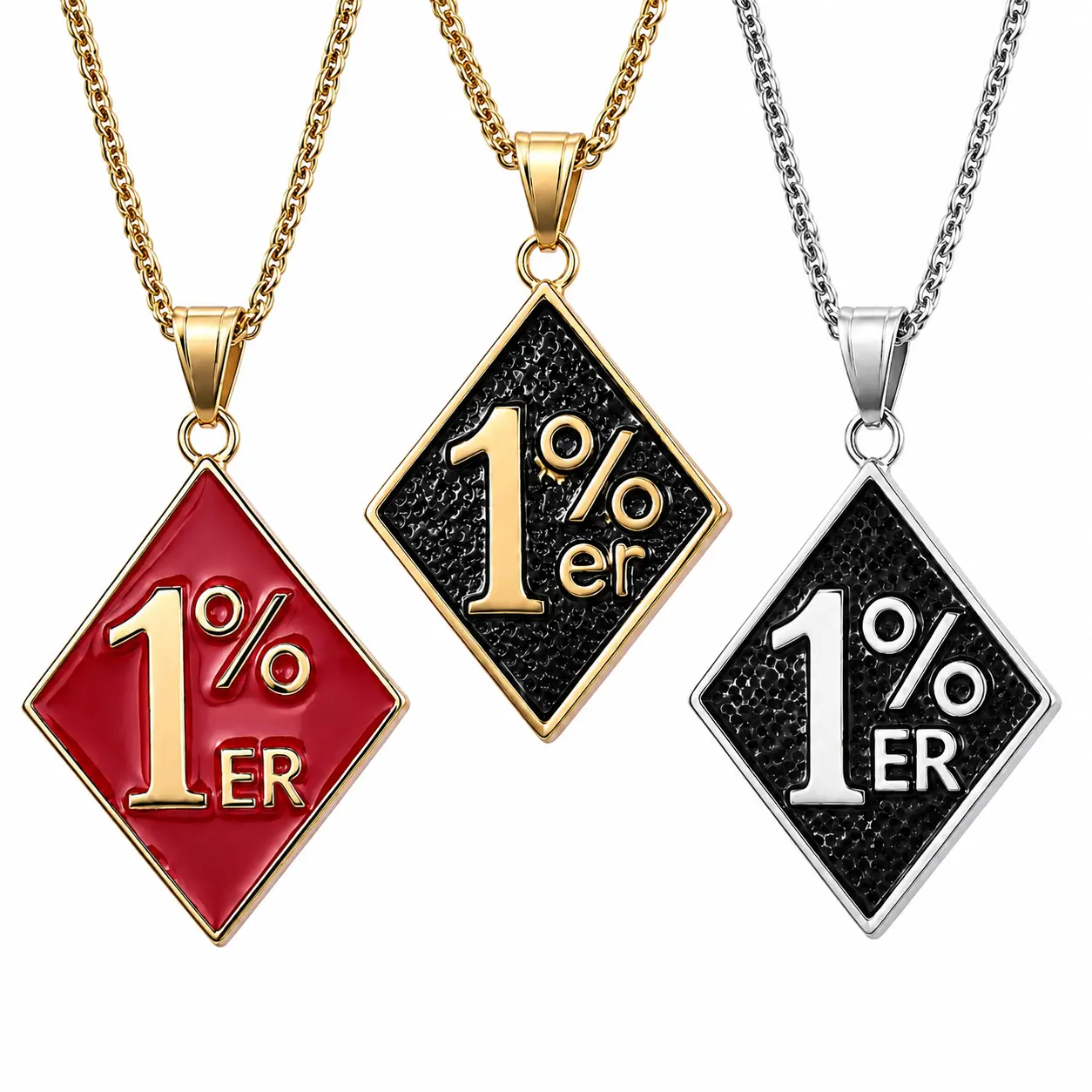 1%ER American Motorcycle Subculture Letter Symbol Stainless Steel Jewelry Pendant - 13-Diamond Accent, Gold-Silver Textured Finish, Relief Design