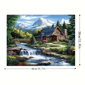1pc, 2D flat, built-in wooden frame, no outer border, Valentine's DayFramed Canvas Art Featuring a Colorful Mountain Scene with a Waterfall, Wooden Bridge, And Blooming Flowers - Great for Christmas, Valentine'S Day, Thanksgiving, And New Year - Su, Artis