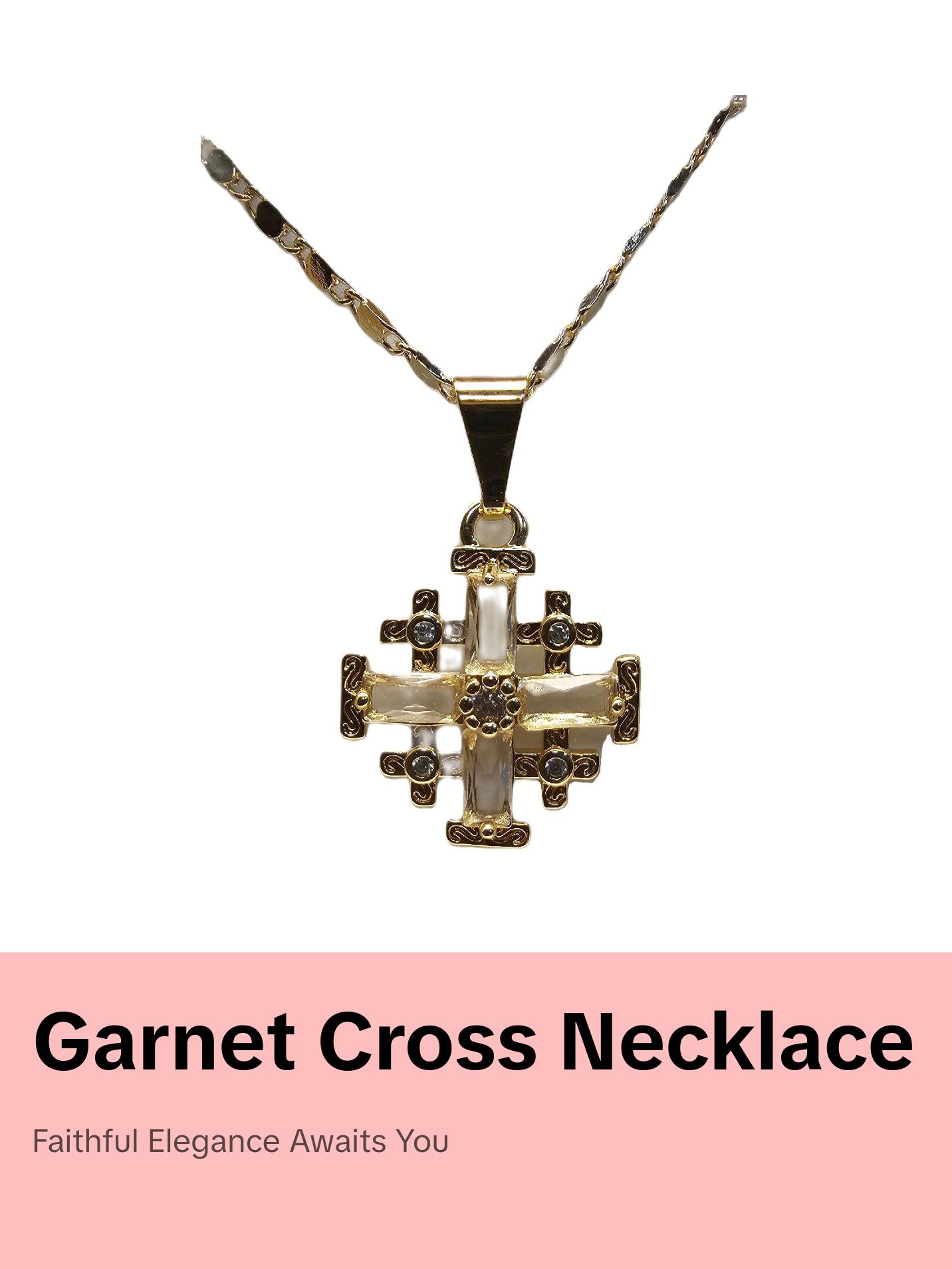Gold Plated Jerusalem Cross Pendant clear Garnet Crystallized 20"Necklace