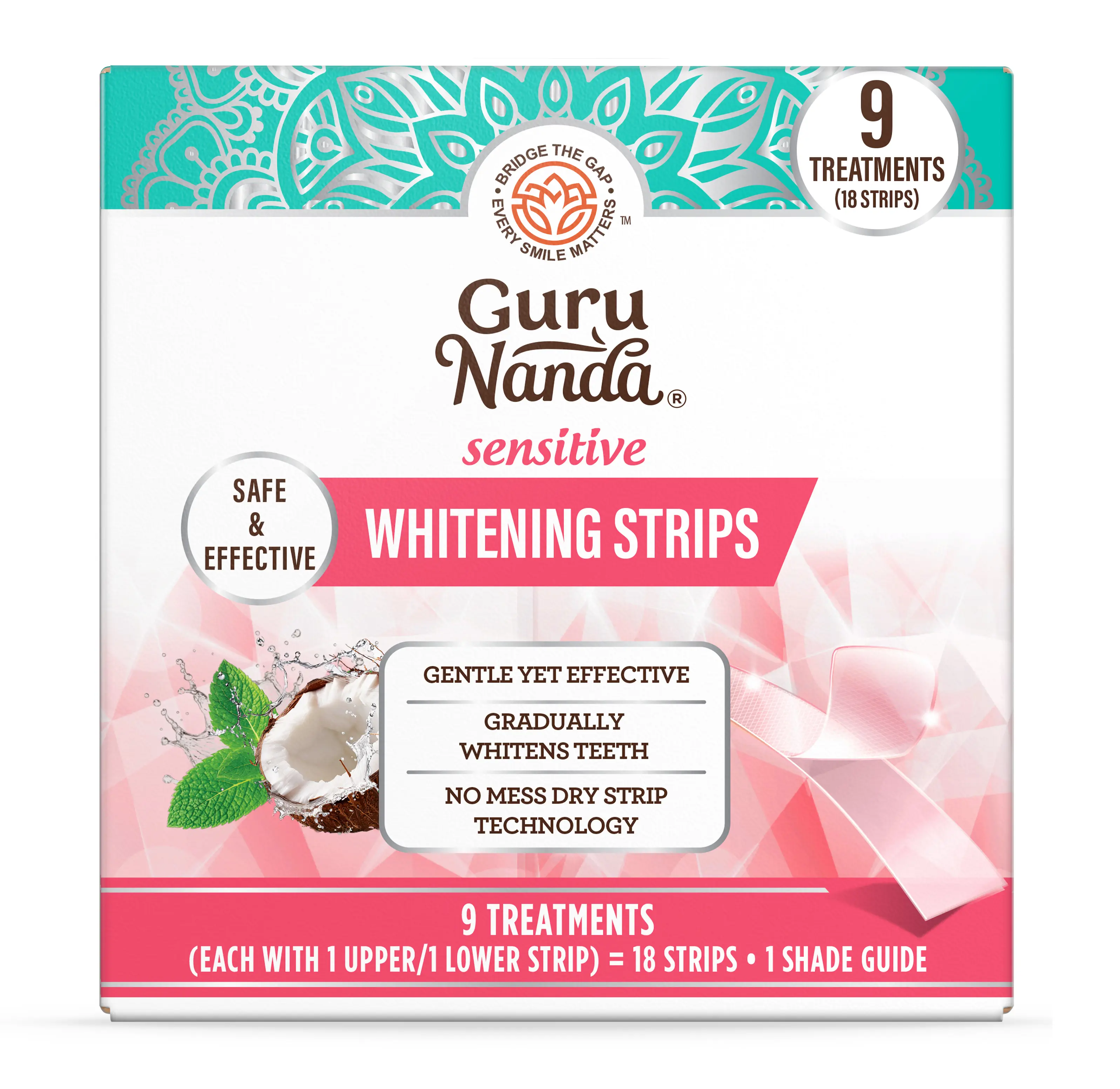 GuruNanda Sensitive Teeth Whitening Strips, 9 (Default) or 16 Treatments  — Gentle on Teeth Formula, Non-Slip, Dry Strip Technology, Whitening Designed with Care for a Brighter Smile