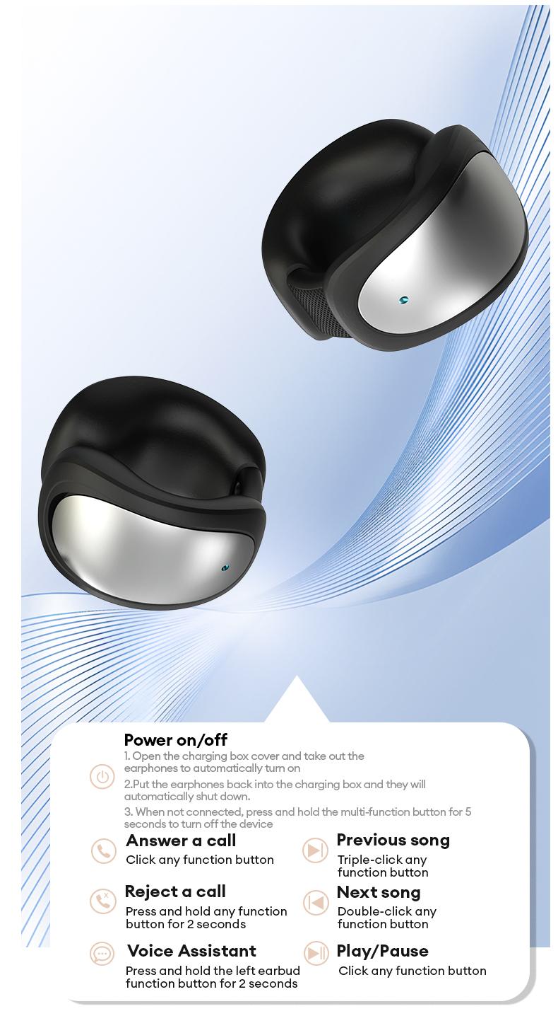 MGALL C100 Multifunctional Clip-On Wireless Headphones with 2025 Bluetooth 6.0, LED Touch Screen, Prevent Earphone Loss, Audio Earbuds for Music & Calls, Ideal Gift for Men & Women