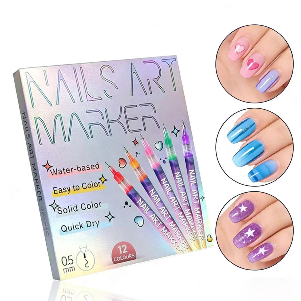 12-Color Nail Art Marker Set – Quick-Drying Acrylic Pens for DIY Manicures & Easy 3D Designs, Ideal for Beginners