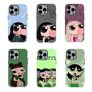 Y2K Powerpuff Girls Tough Phone Case, Heavy Duty Drop Protection, Cute Green Cartoon Design for iPhone 11 12 13 14 15 16 17 Pro Max Plus