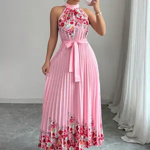 Floral Print Pleated Maxi Dress for Women Halter Neck Elegant Summer Dress Floral Maxi Dress