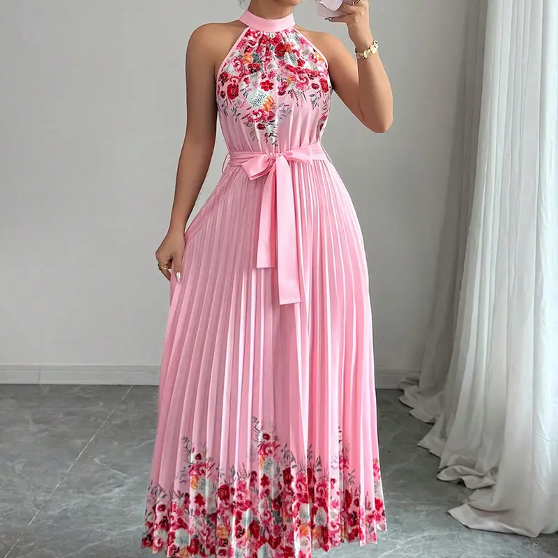 strapless open back dress Caragh Pleated Midi Dress Floral Pink – Canella Lane main image 1
