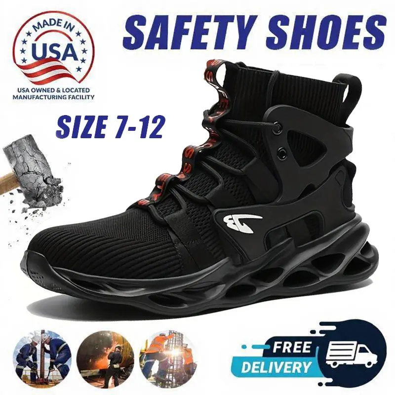 Men's High-Top Lace-Up Closed Composite Toe Work & Safety Walking Shoes, Breathable Polyester Fabric Synthetic Construction, Anti-Crushing, Anti-Piercing, Metatarsal Guard, Round Toe, Casual Look Suits Work and Downtime, All Seasons Outdoor Wear