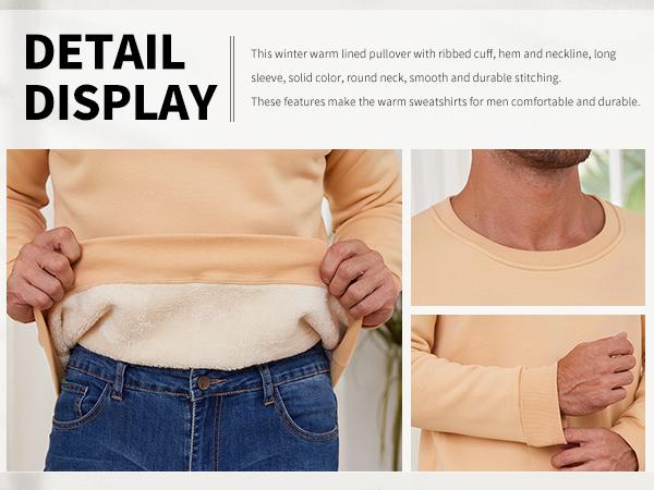 Gihuo Men's Winter Warm Crewneck Sherpa Fleece Lined Sweatshirt Army Beige Casual Long Sleeve Solid Color Round Neck Machine Washable Pullover Tops for Men Gifts