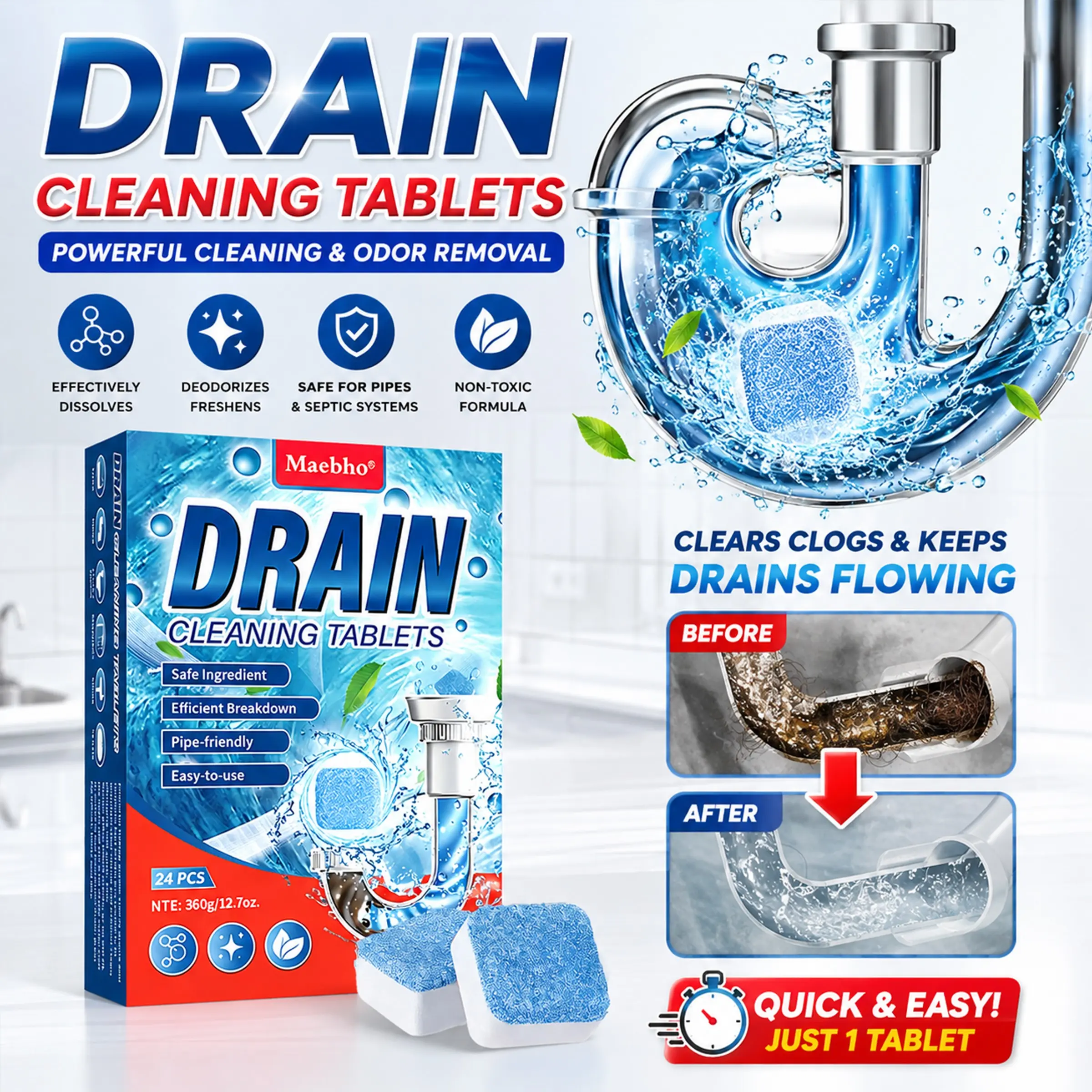 Extra strong drain cleaning tablets, Cleaning Products, Drain Unclogger, Clog Remover, quickly unclog pipes, sinks, bathrooms, kitchens, powerful enzyme formula kills 99% of bacteria, anti clogging deodorizing, eliminate odors, 24-pack