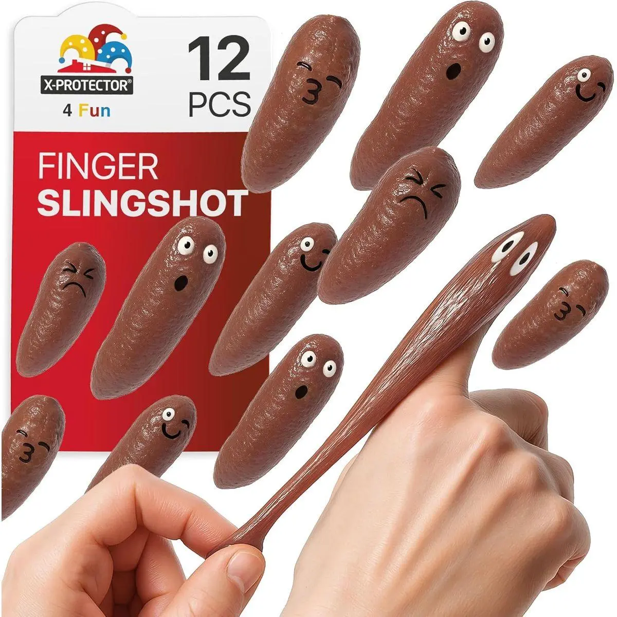 X-Protector Rubber Poop Slingshot - 12 PCS Pack Flying Fake Shot Finger Slingshot Toy - Squishy Poo Sling Shot Toys for Kids - Funny Poop Emoji Squishy Game!