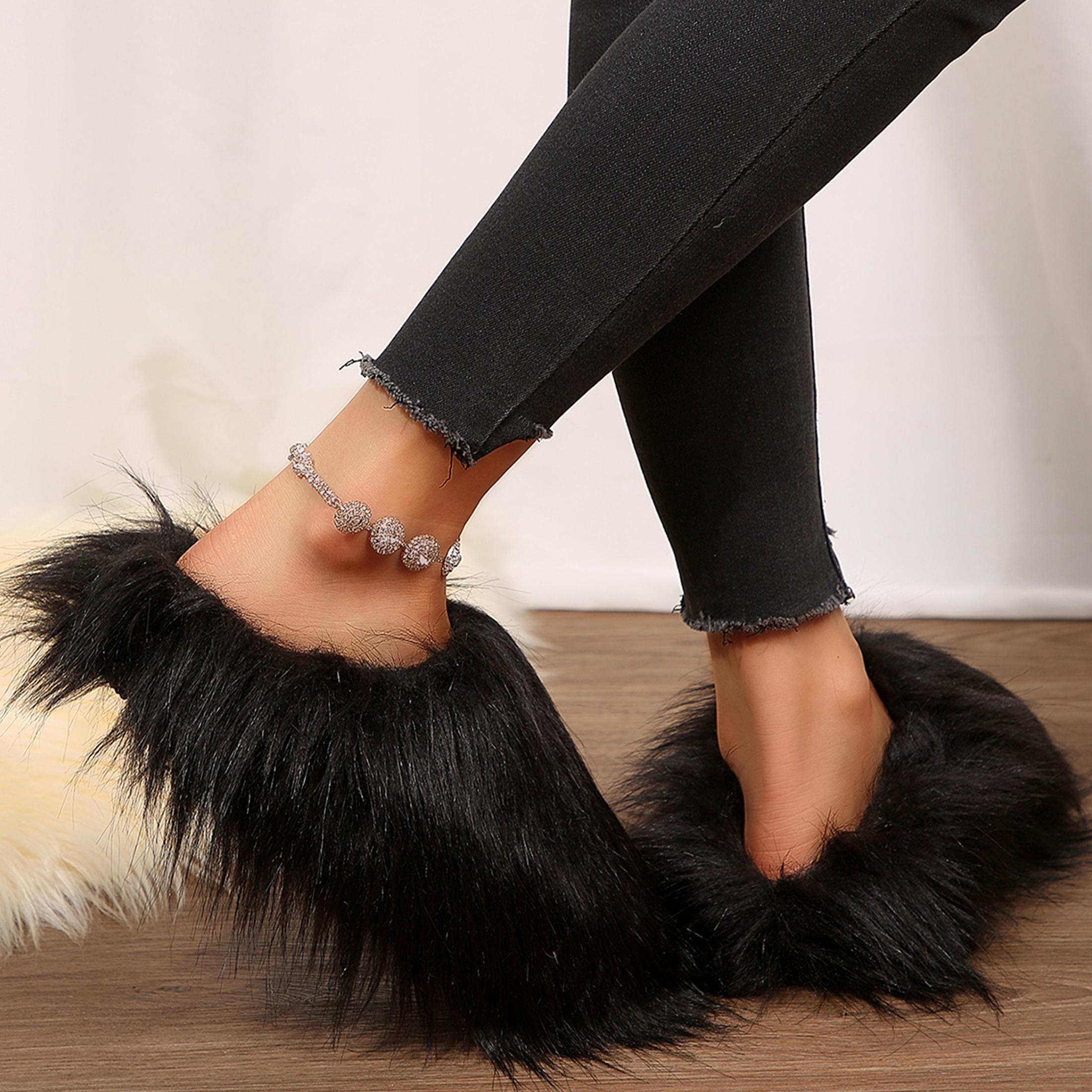 Women's Faux Fluffy Slip On Slip Slipper Fuzzy Round Toe Comfortable Bedroom Slipper Thick Plush Casual Indoor Outdoor Shoes Springfresh