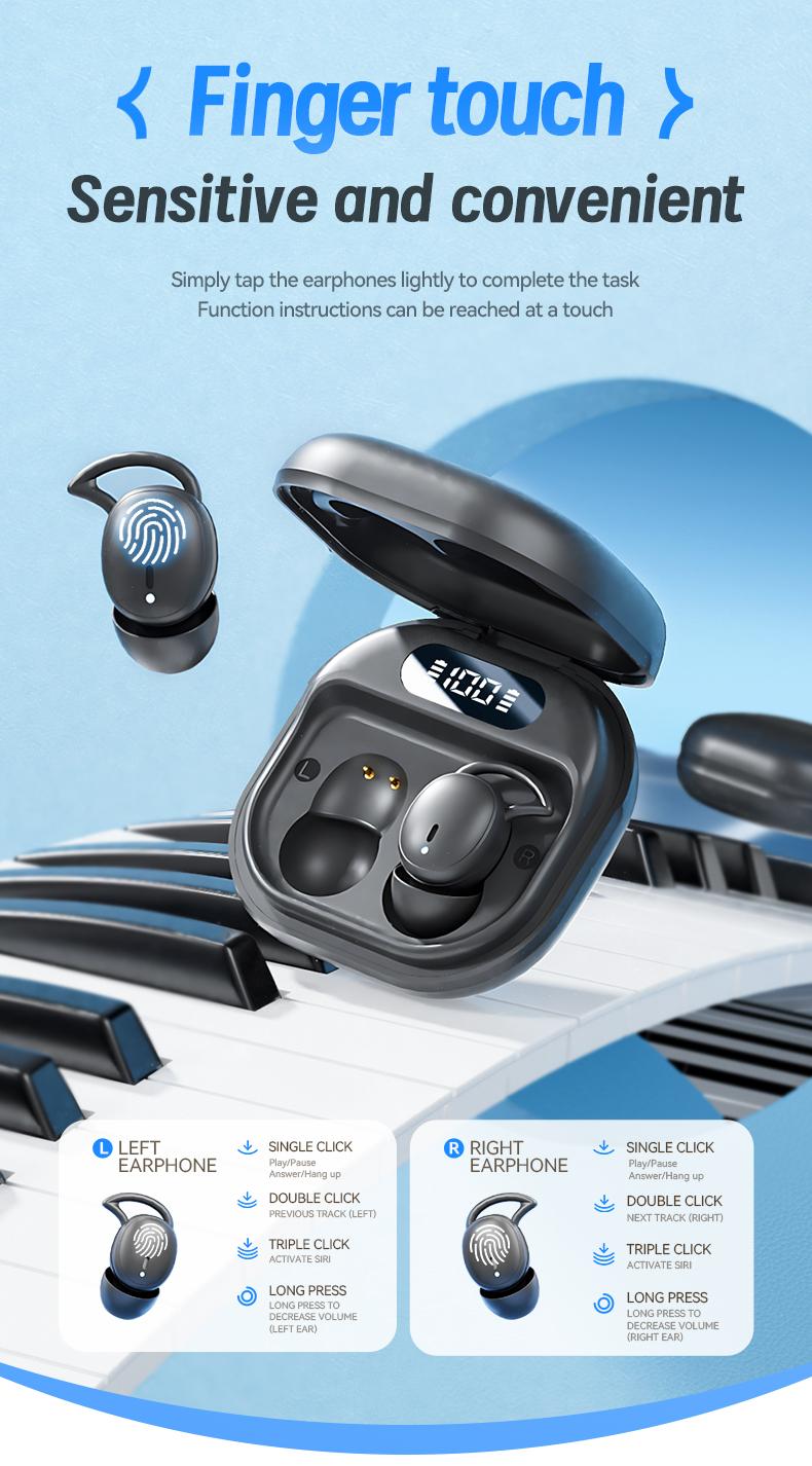 Acer OHR507 New Model Wireless Sleep-Friendly Wireless Earbuds - Comfortable Silicone In-Ear, High-Quality Sound, Long Battery Life, USB-C Charging, Touch Control,Adult Earbud Headphones Audio Headset Electronic stereo sound headphone Soft Earpads Black