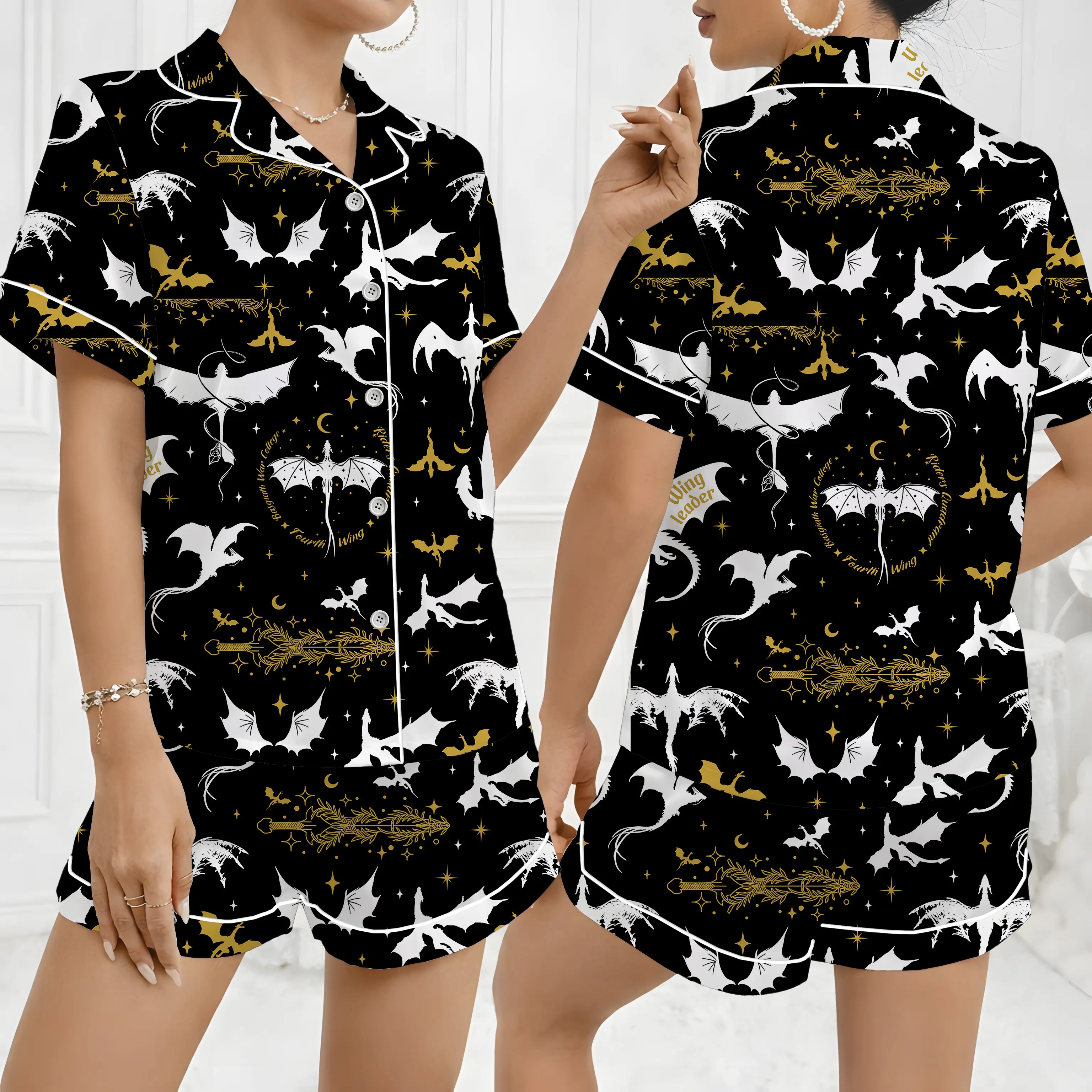 Women's 2-Piece Fantasy Dragon Print Satin Pajama Set - Short & Long Options, Satin Fabric, Adjustable Drawstring, All Seasons, Basic Look Sleepwear