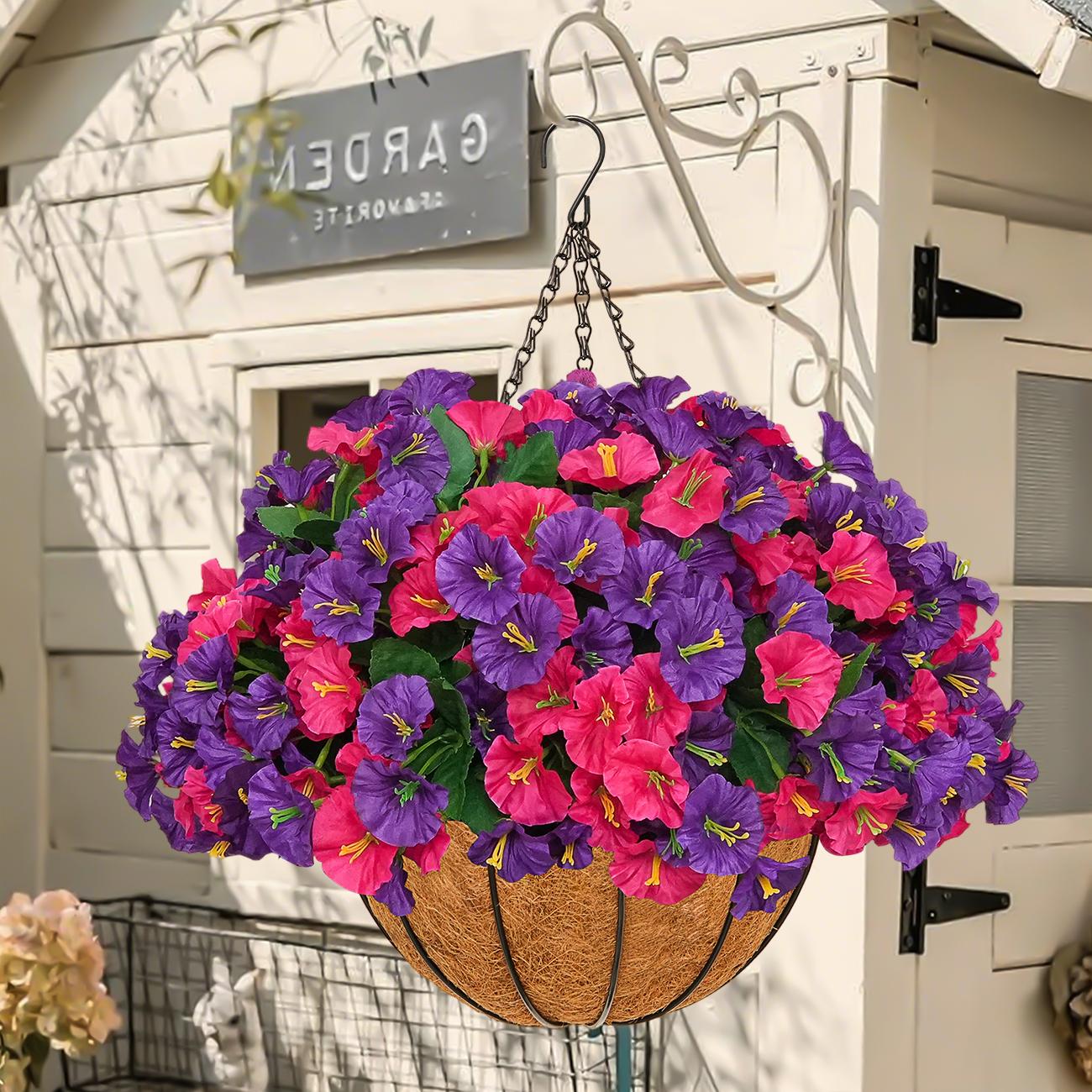 2 Pcs Artificial hanging plant and flower basket, perfect for spring and summer outdoor decoration.  Features realistic silk morning glory flowers, UV-resistant, and suitable for porches, patios, balconies, and gardens.
