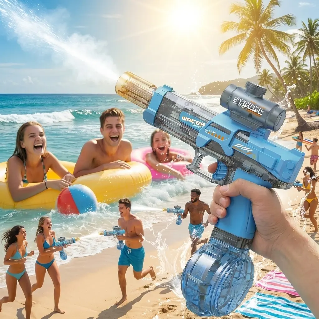 Automatic Electric Water Gun for Kids - Transparent Rechargeable Battery-Powered Cool Outdoor Stuff with LED Lights, Realistic Spray Sound, Button Operation, Large Tank, Glowing Action, Long Range Pool Play, Kids Toys