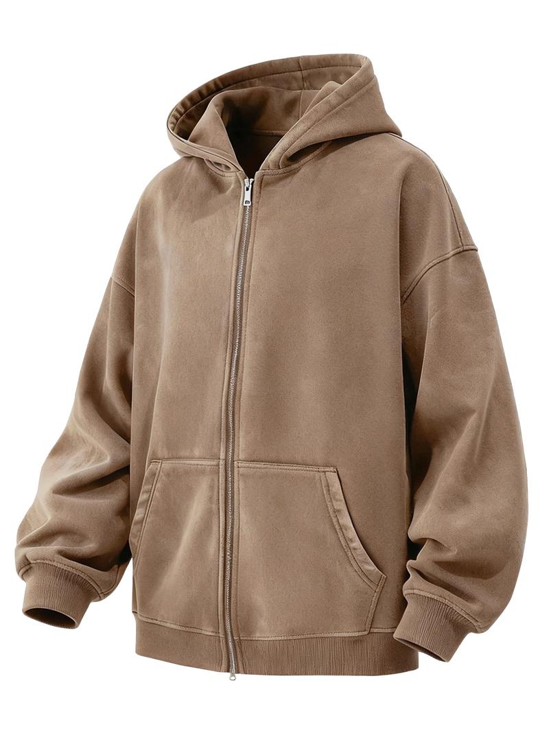 CCCMAI Men's Loose Fit Casual Windproof Zip-Up Hooded Jacket Sweatshirt in Polyester for Daily Commutes, Autumn Winter Outdoor Sports and Travel, Menswear Long Sleeve Coats Plain Tops