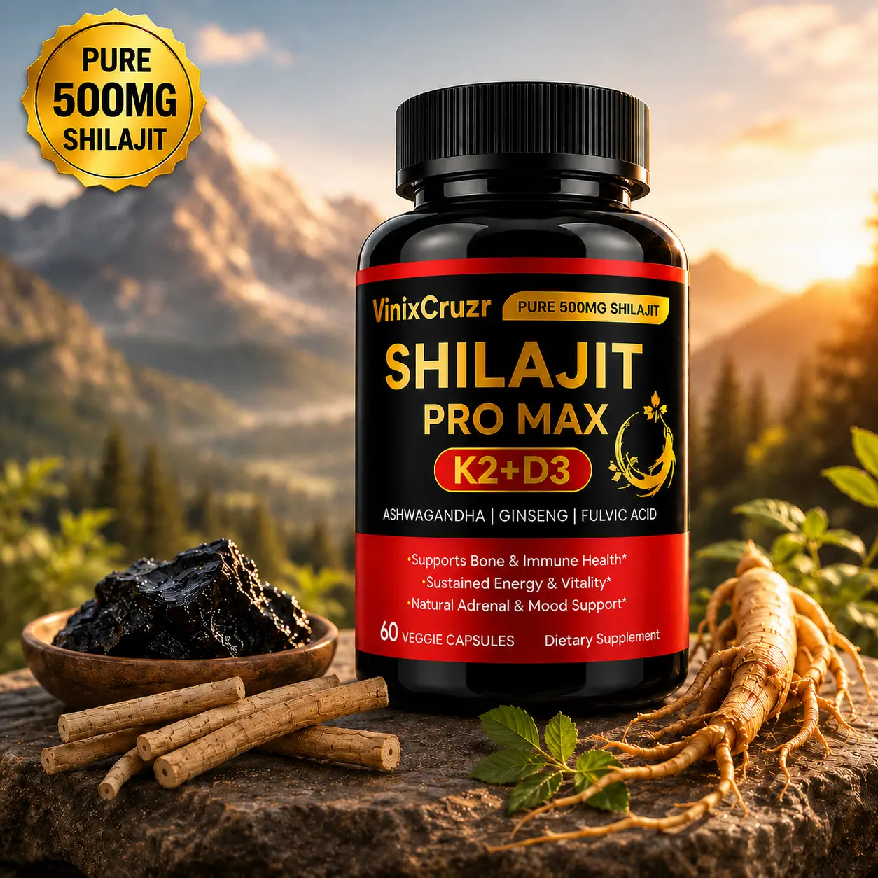 VinixCruzr | Optimal*Shilajit PRO MAX with K2 & D3 - 60 Capsules - Premium Fulvic Acid & 84+ Minerals for Immune Support, Energy & Anti-Aging