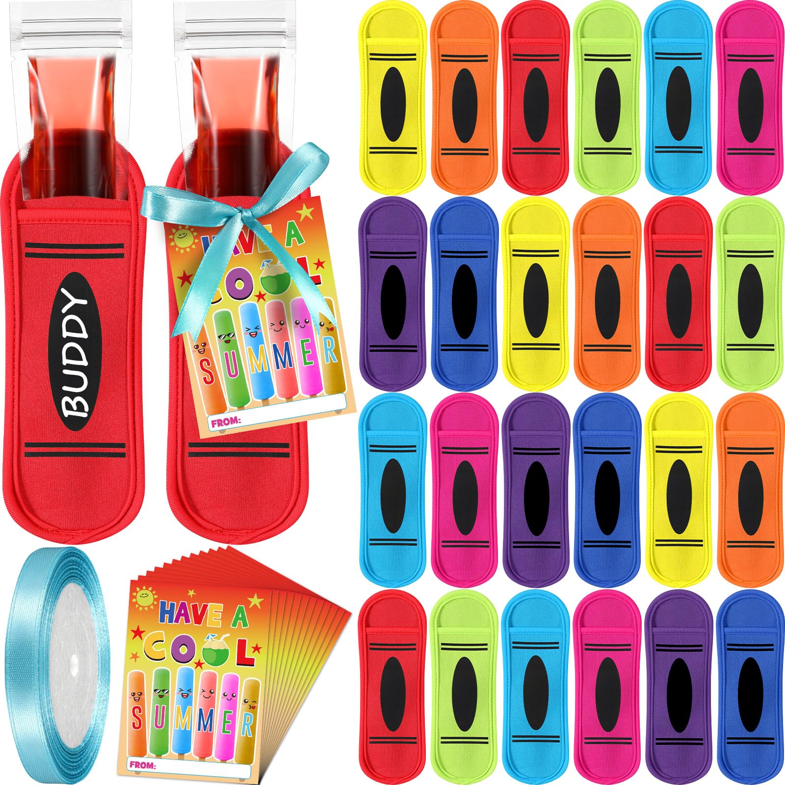 24/30 Pack End of School Year Gifts Reusable Ice Pop Sleeves with Gift Cards & Ribbon, Multicolor Washable Neoprene Popsicle Holders for Students, Classroom Prizes, Summer Favors