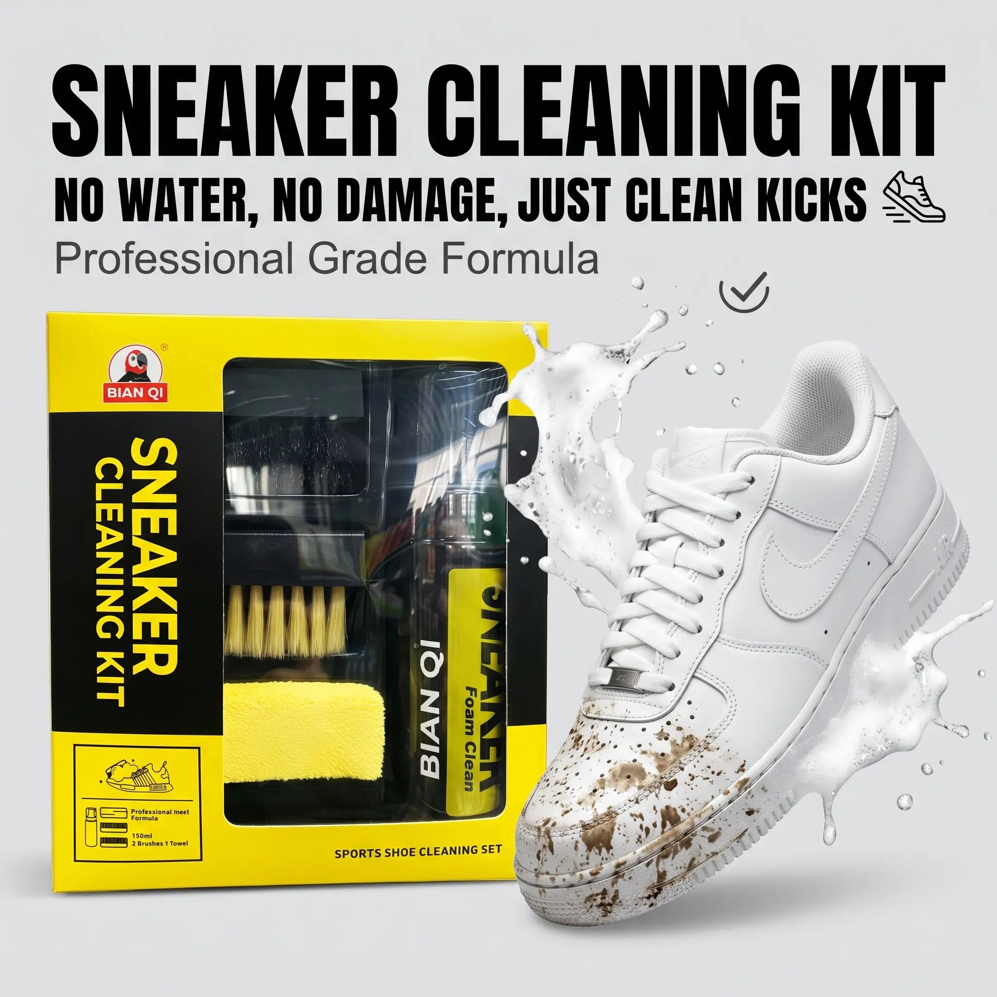 Sneaker Care Kit - 150ml No-Wash Foam Cleaner with Shoe Brushes, Quick-Dry Towel, Natural Formula, Leather-Safe Clean, No Damage Done for White, Mesh & Suede Shoes, Mesh & Suede Safe