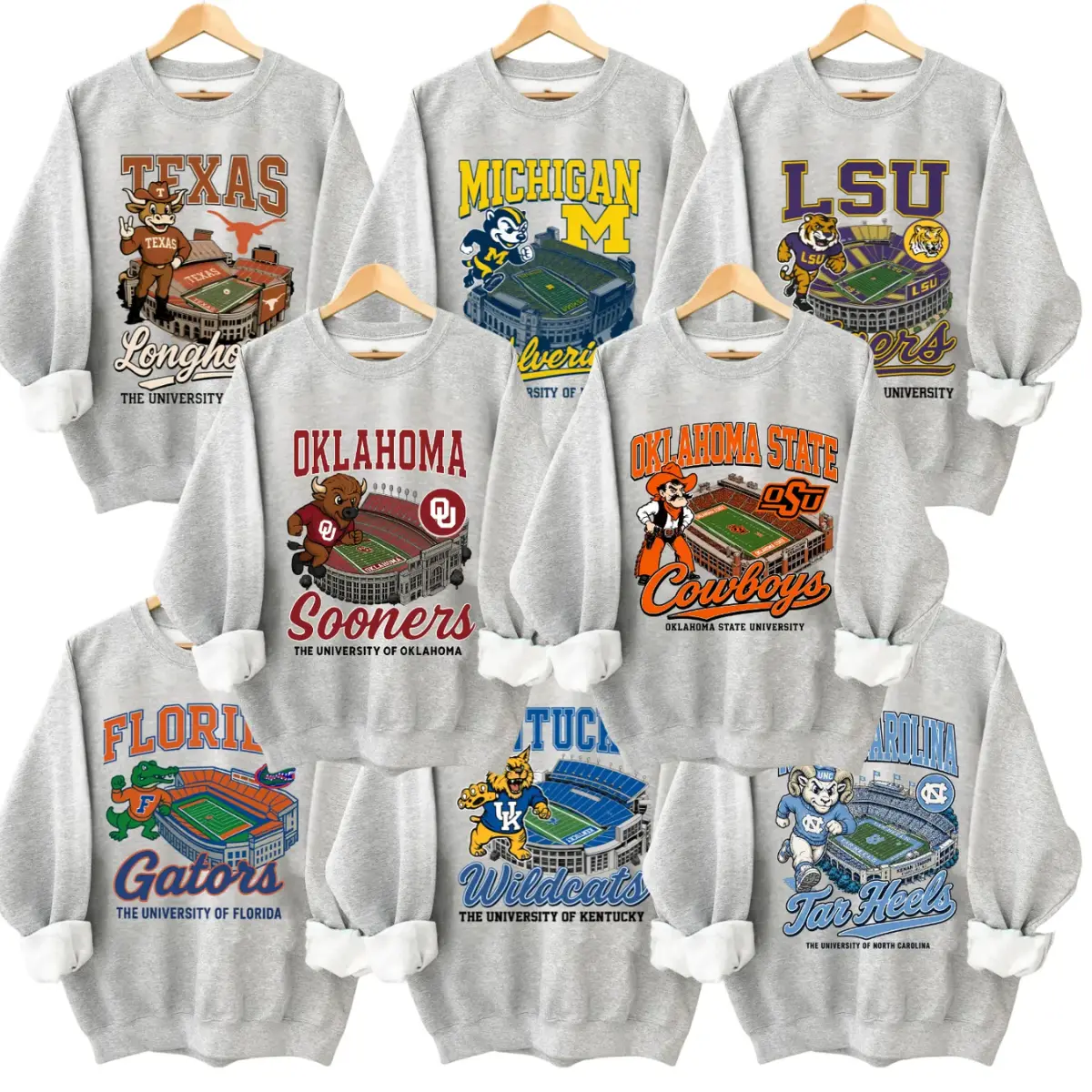 Vintage College Football Sweatshirt, Full Team Mascot Graphic Crewneck, Ash Grey Retro Game Day Pullover, Unisex Throwback Sports Shirt, Football Fan Gift, Top Menswear Streetwear Casual