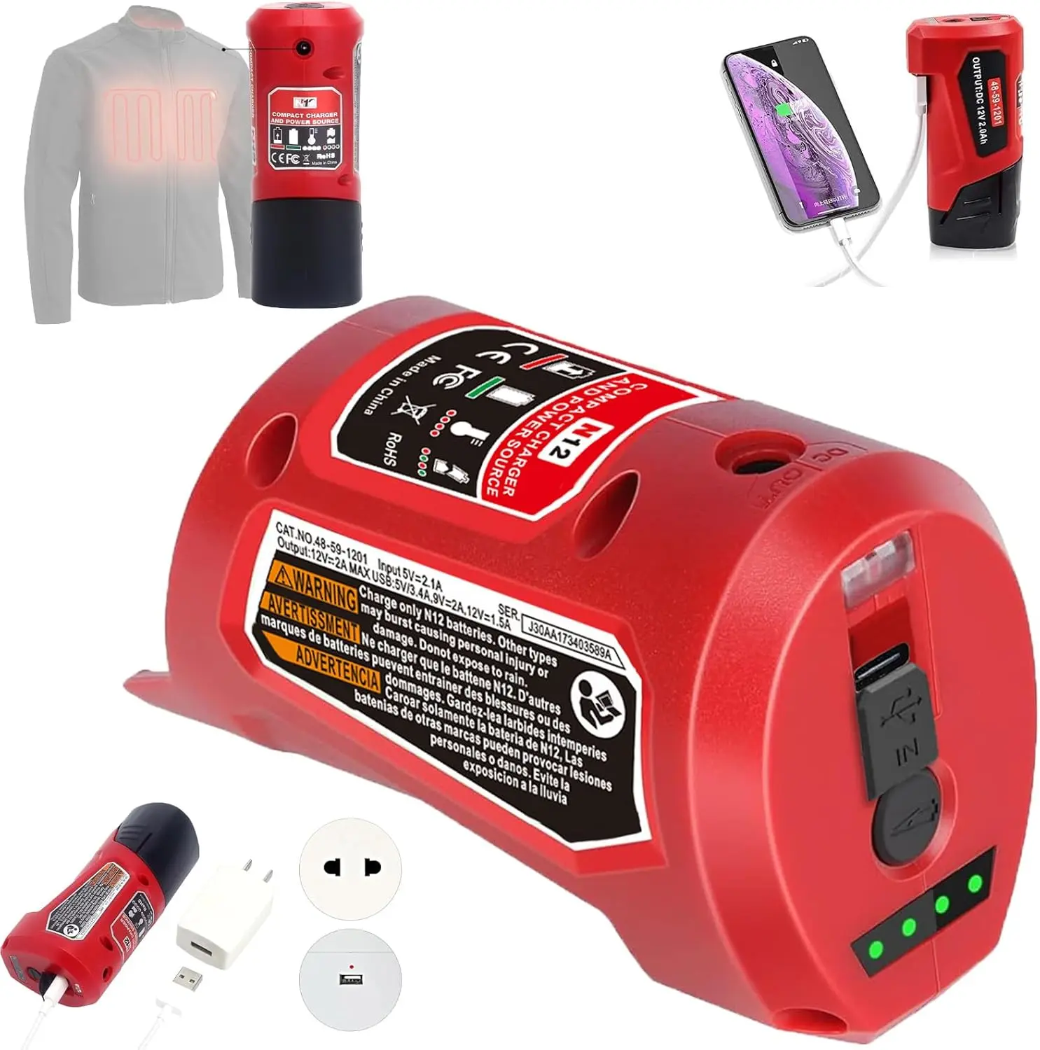 M12 Battery Charger | Type-C Port | DC 12V Outlet | Power Source Replacement | for Milwaukee M-12 12V Battery Adapter | for Milwaukee Heated Jacket 49-24-2310 | Compatible with 48-11-2420 48-11-2411 | Portable Power Supply | Outdoor Work Camping