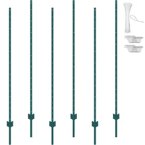 VEVOR 6 Feet Fence Post,  , 6 Pack T-Post Heavy Duty Metal Fence Posts, Sturdy Steel Fence Stakes for Garden Yard, Lawn, Farms and Outdoor Wire Fencing, Green